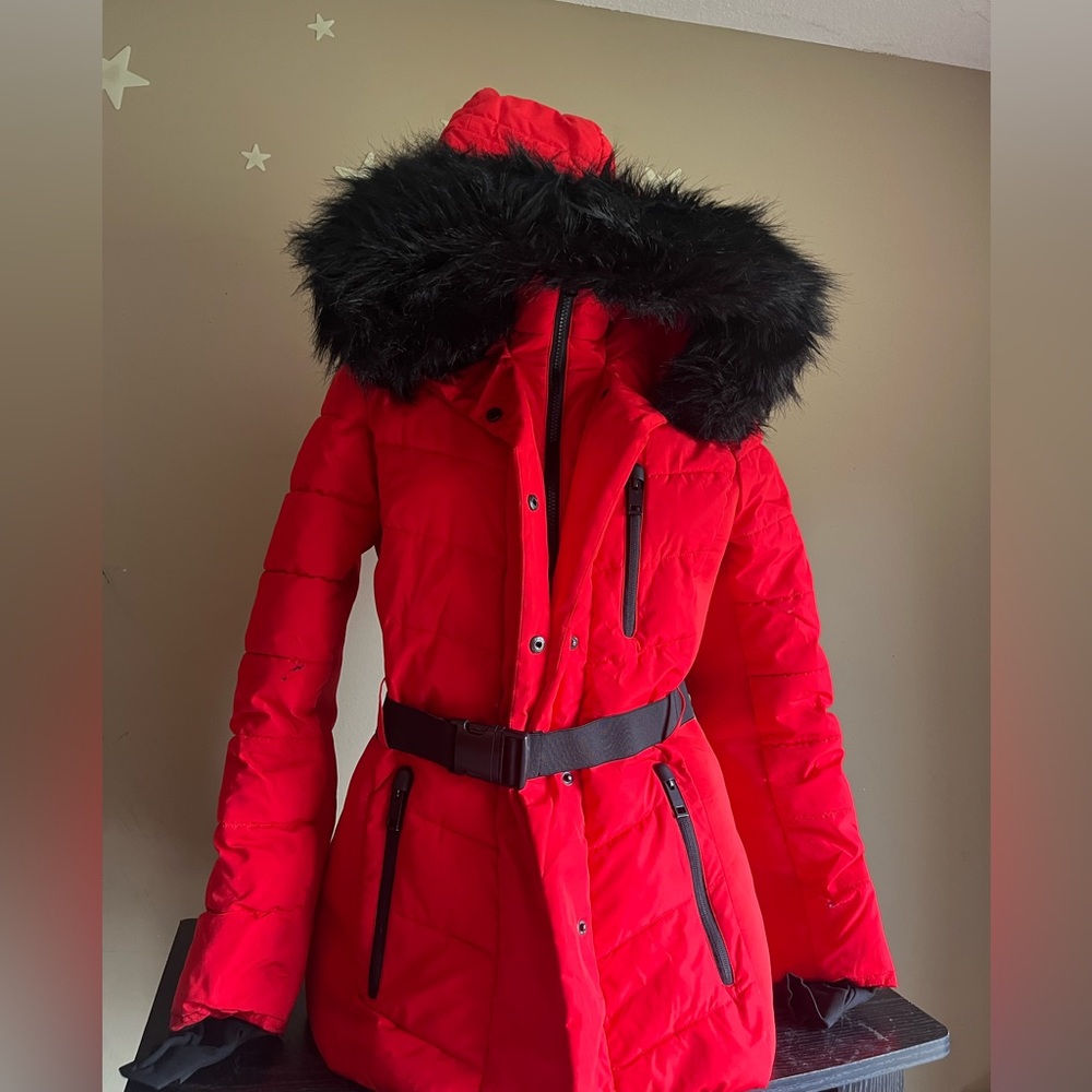 XERSION Belted Faux Fur Hood Puffer Jacket Small